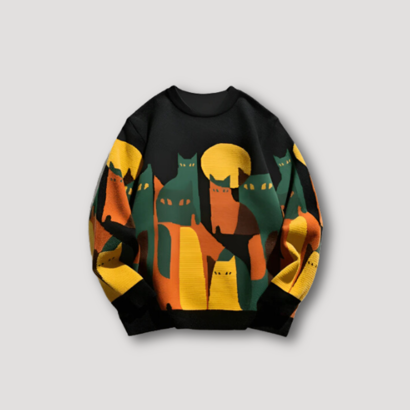 Dessert Cat Pattern Knitted Sweater Male