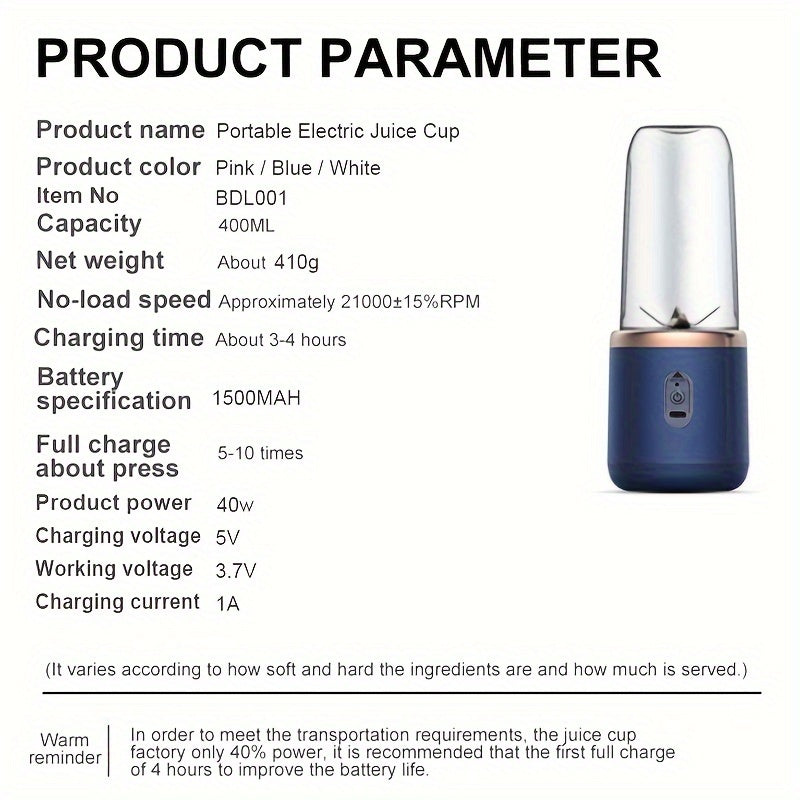 Portable USB Rechargeable Juicer Cup – 6 Blades - 21000 RPM - BPA-Free - 1800mAh