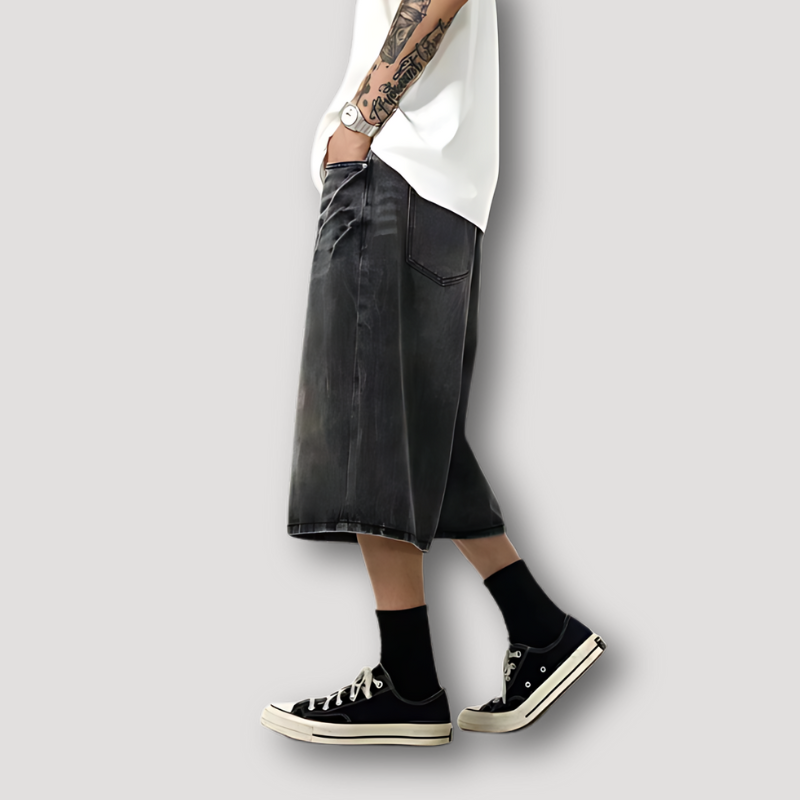 Hip Hop Vintage Black Washed Denim Shorts for Guys