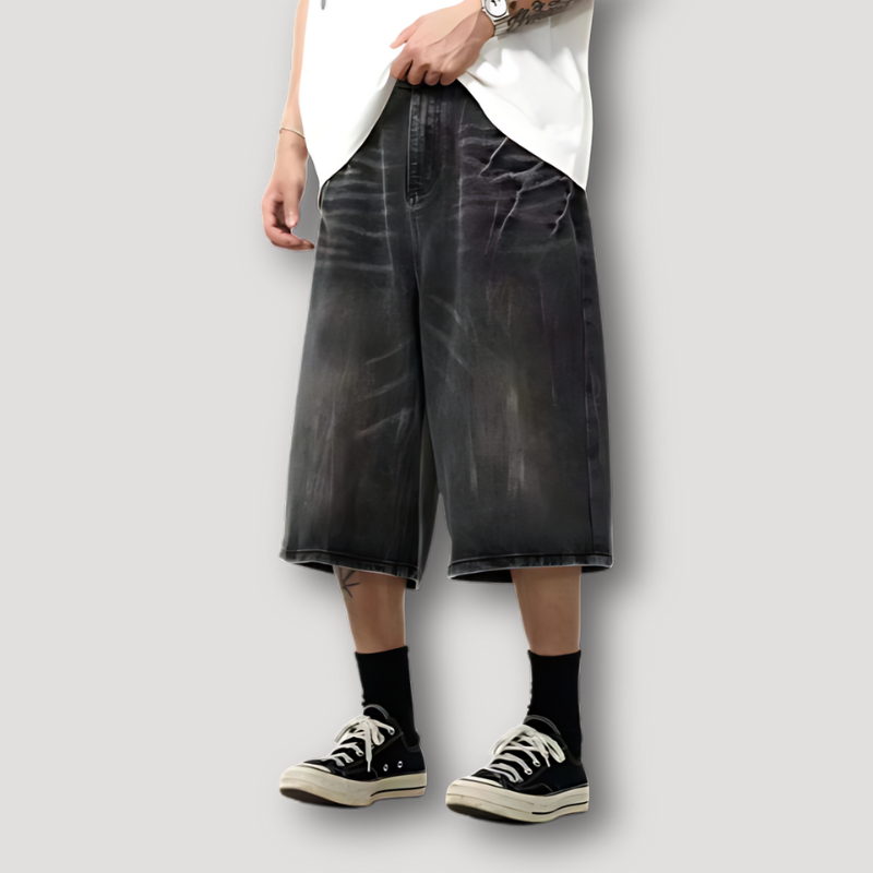 Hip Hop Vintage Black Washed Denim Shorts for Guys