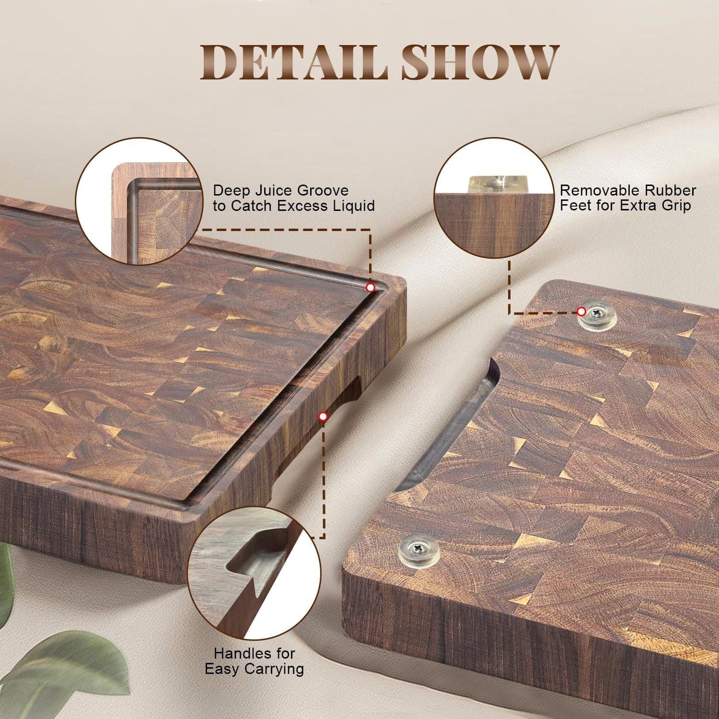 Acacia End Grain Cutting Board – 2.5cm Thick, Built-In Handles, 390x275mm