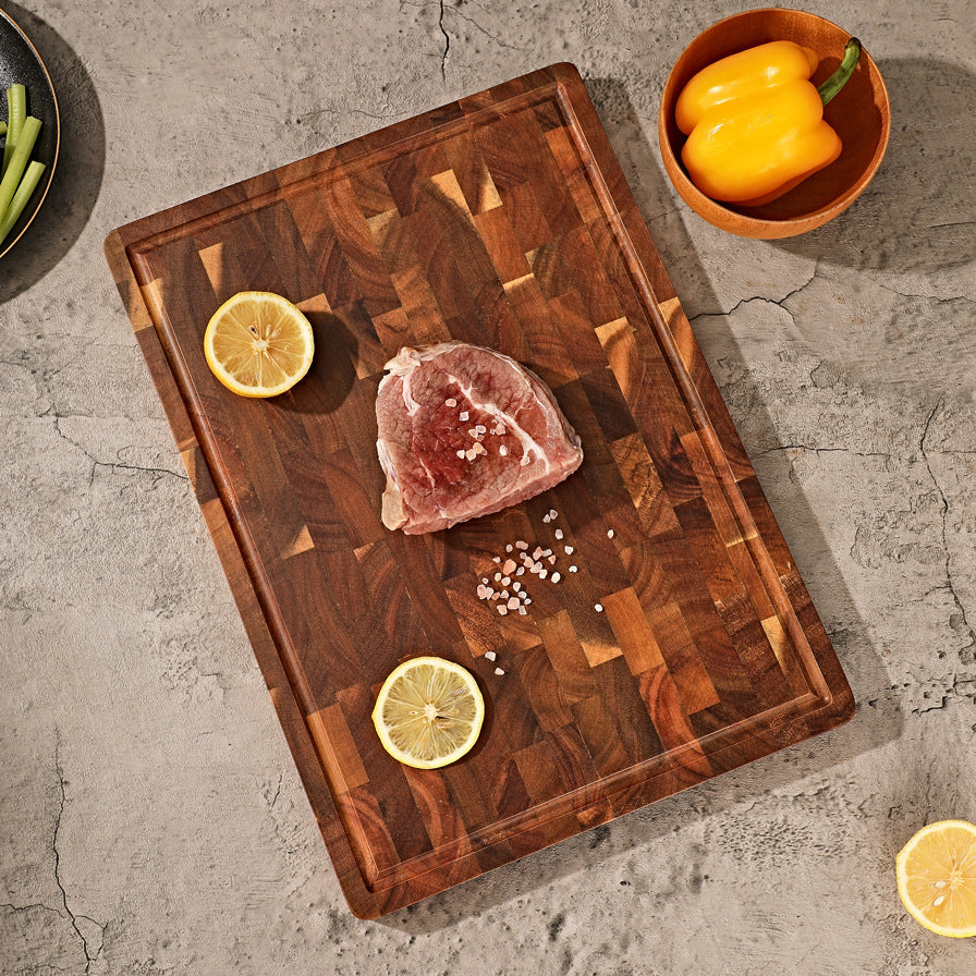 Acacia End Grain Cutting Board – 2.5cm Thick, Built-In Handles, 390x275mm