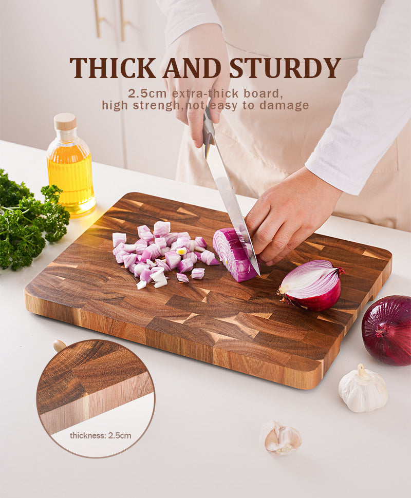 Acacia End Grain Cutting Board – 2.5cm Thick, Built-In Handles, 390x275mm
