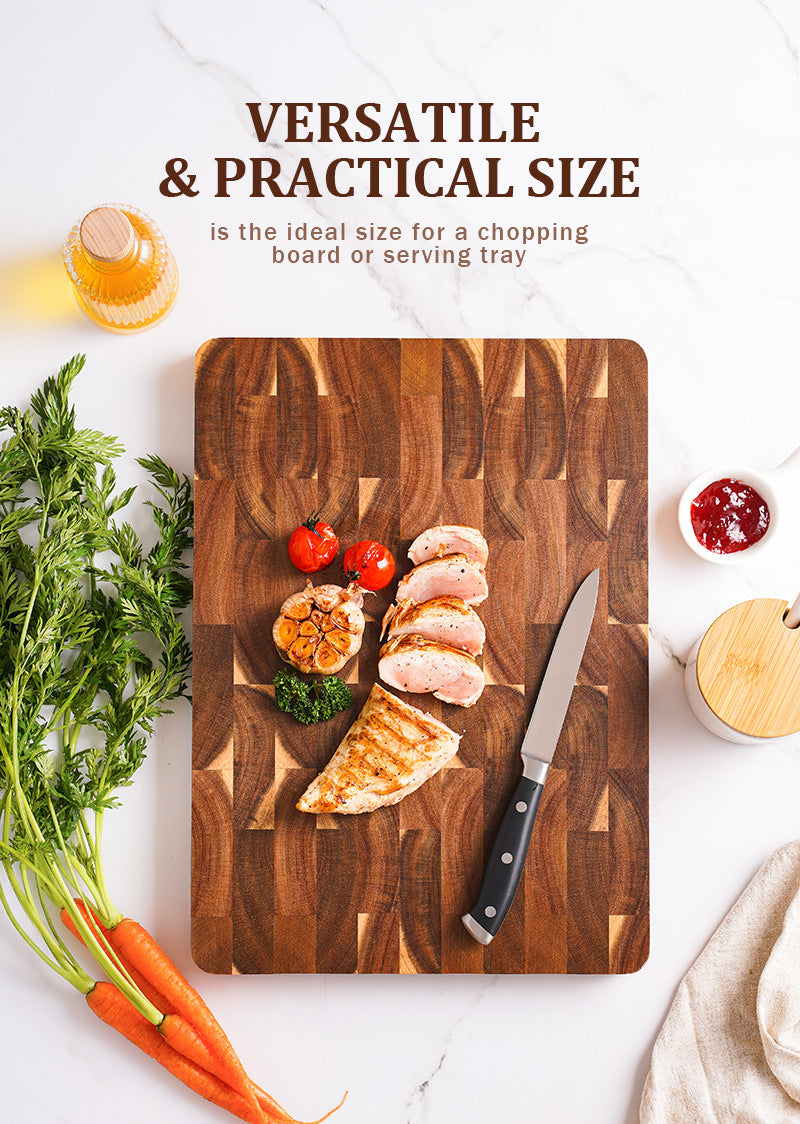 Acacia End Grain Cutting Board – 2.5cm Thick, Built-In Handles, 390x275mm