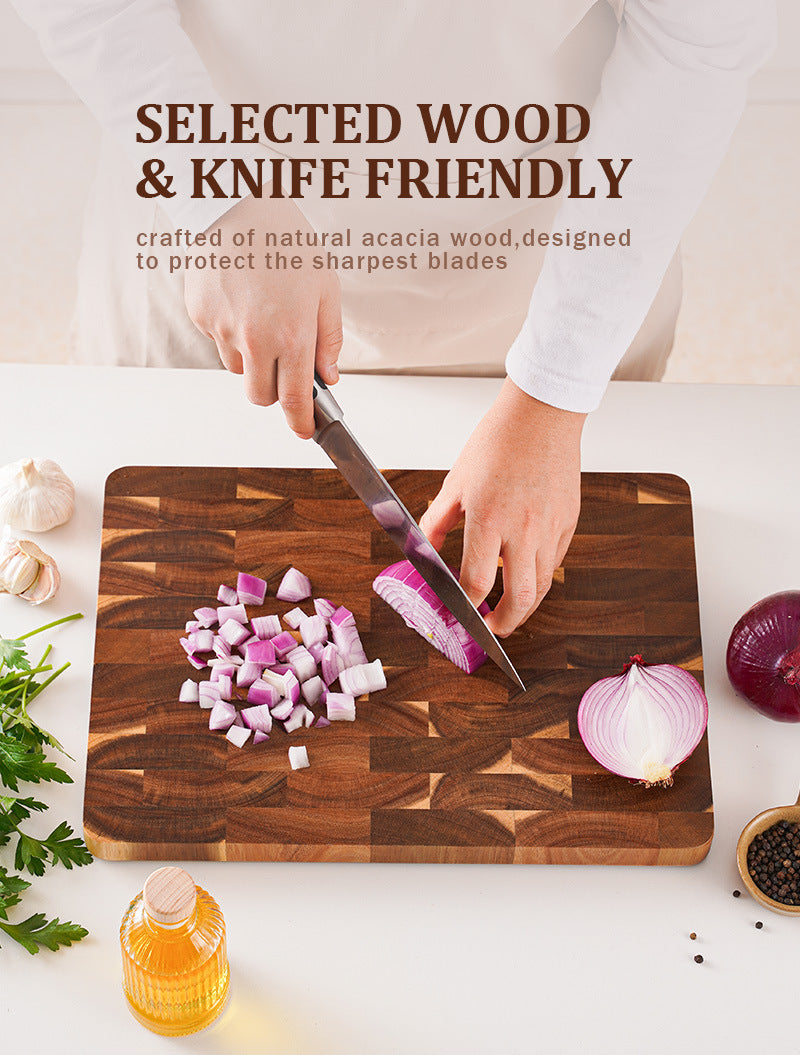 Acacia End Grain Cutting Board – 2.5cm Thick, Built-In Handles, 390x275mm