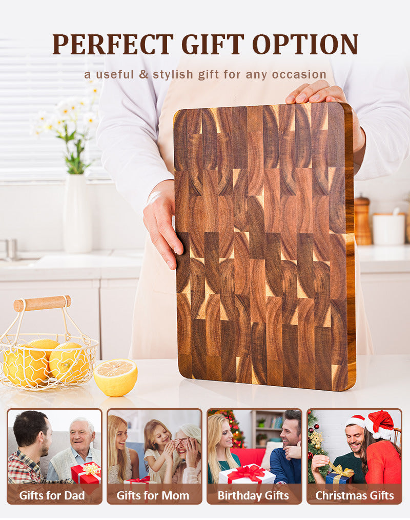 Acacia End Grain Cutting Board – 2.5cm Thick, Built-In Handles, 390x275mm