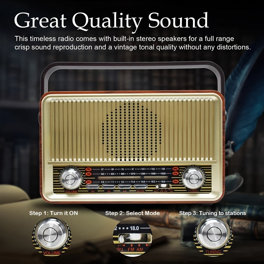 Retro Wireless Radio – FM/AM/Shortwave – Portable Transistor – AUX/TF/USB Playback – Rechargeable Battery – Classic Durable Design