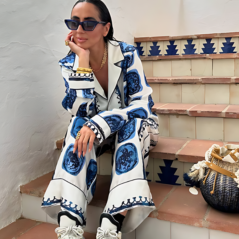 Blue Medallions Chinese Style Long Sleeve Shirt And Pants Set