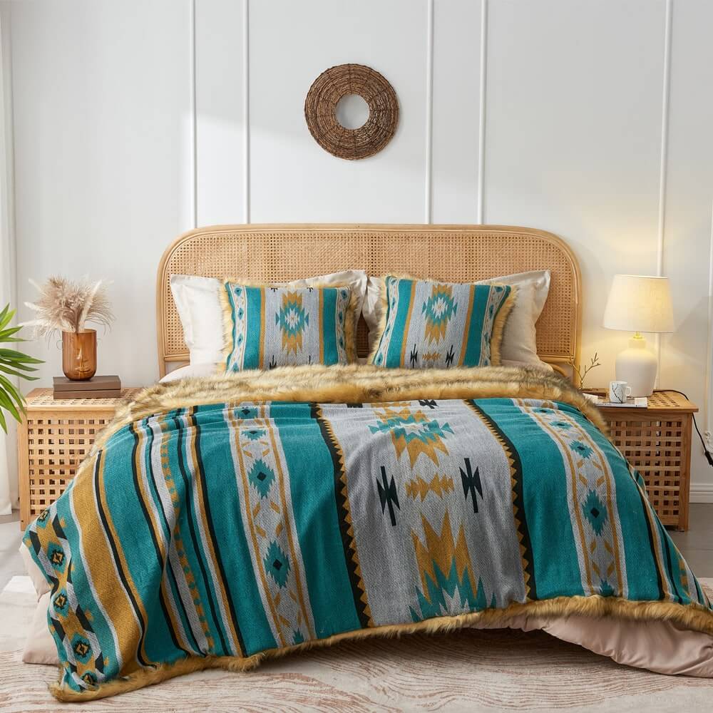 Aztec Faux Fur Blanket - Turquoise & Gold | Cozy Throw