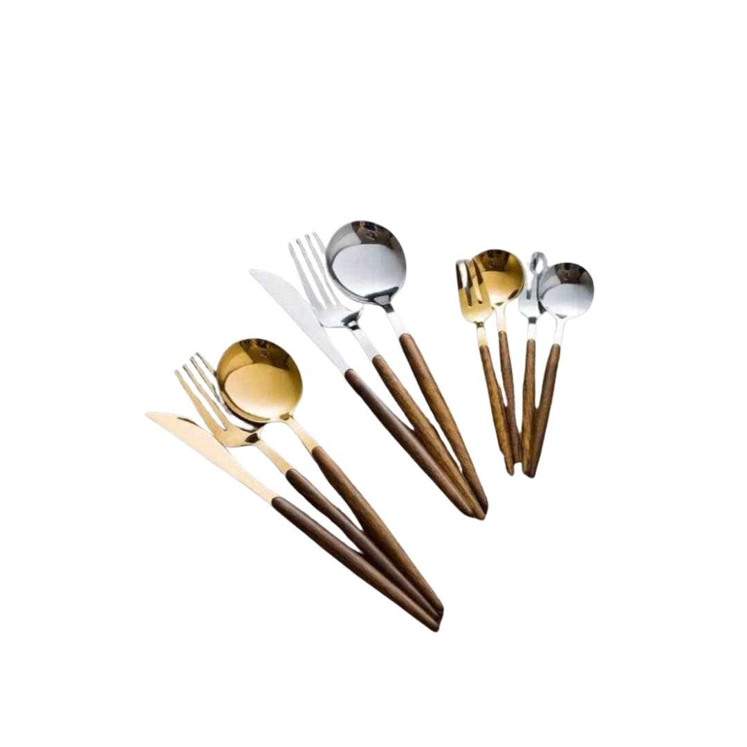 Stainless Steel Cutlery Set – 30 Pieces – With Wood-Style Handles – Polished Finish – Durable Tableware
