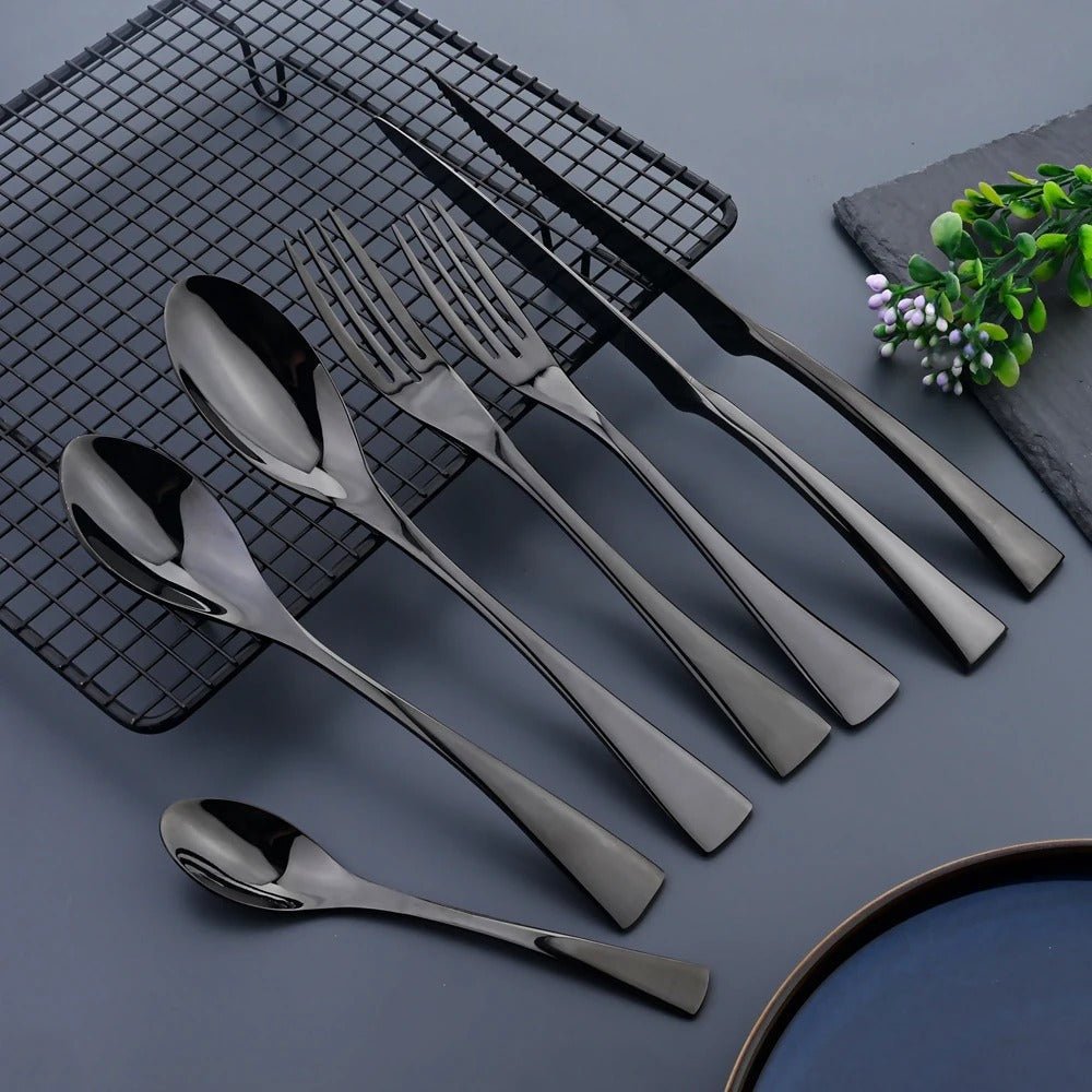Black Stainless Steel Cutlery Set – Elegant Tableware – 24/42/48/84 Pieces – Durable & Dishwasher Safe