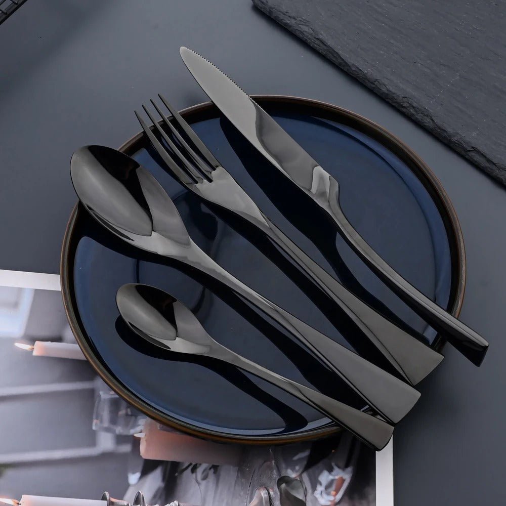 Black Stainless Steel Cutlery Set – Elegant Tableware – 24/42/48/84 Pieces – Durable & Dishwasher Safe