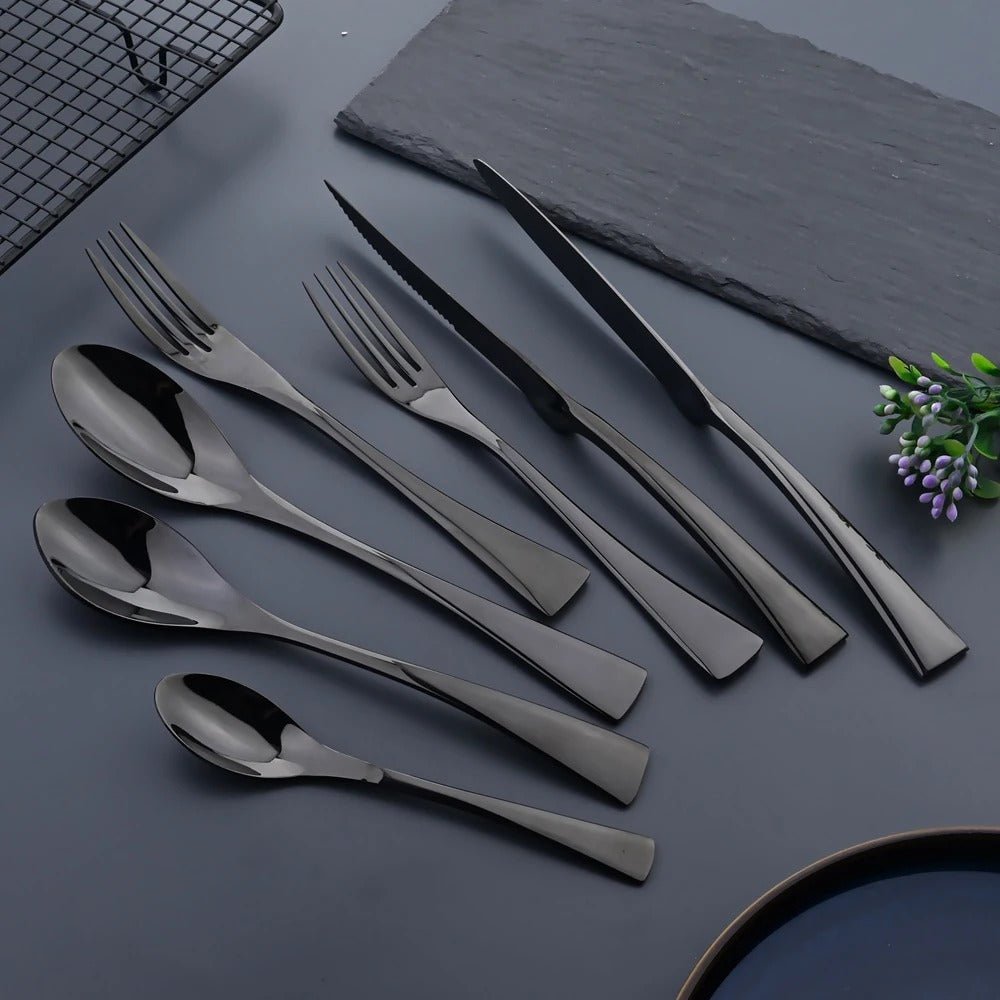 Black Stainless Steel Cutlery Set – Elegant Tableware – 24/42/48/84 Pieces – Durable & Dishwasher Safe