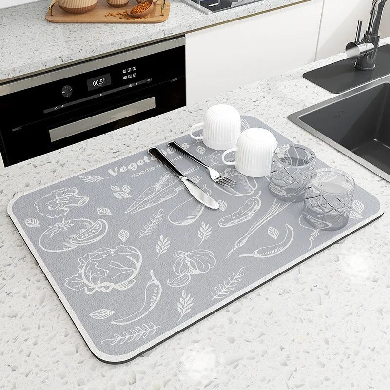 Premium Absorbent Draining Mat - Quick-Dry Microfiber, Non-Slip, Grey, Kitchen Essential