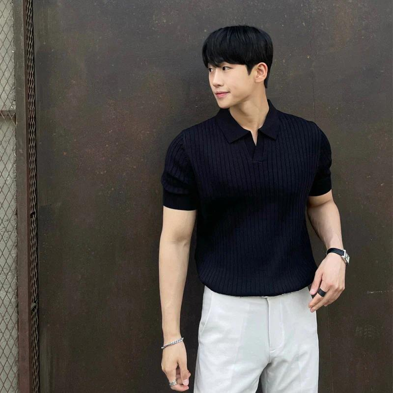 Classic Ribbed Knit Polo Shirts for Men