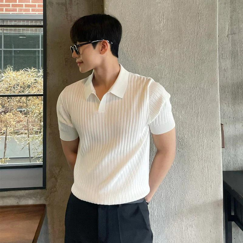 Classic Ribbed Knit Polo Shirts for Men