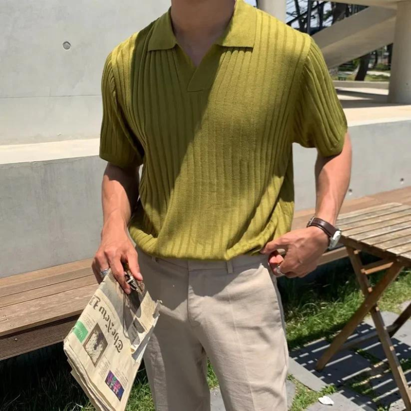 Classic Ribbed Knit Polo Shirts for Men