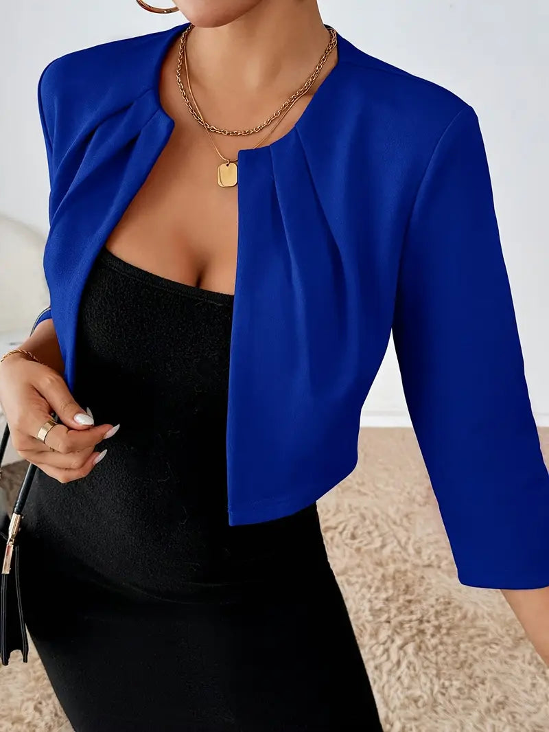 Women’s Cropped Open Front Blazer – Pleated 3/4 Sleeve Jacket