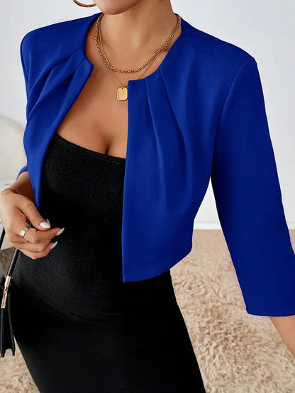 Women’s Cropped Open Front Blazer – Pleated 3/4 Sleeve Jacket