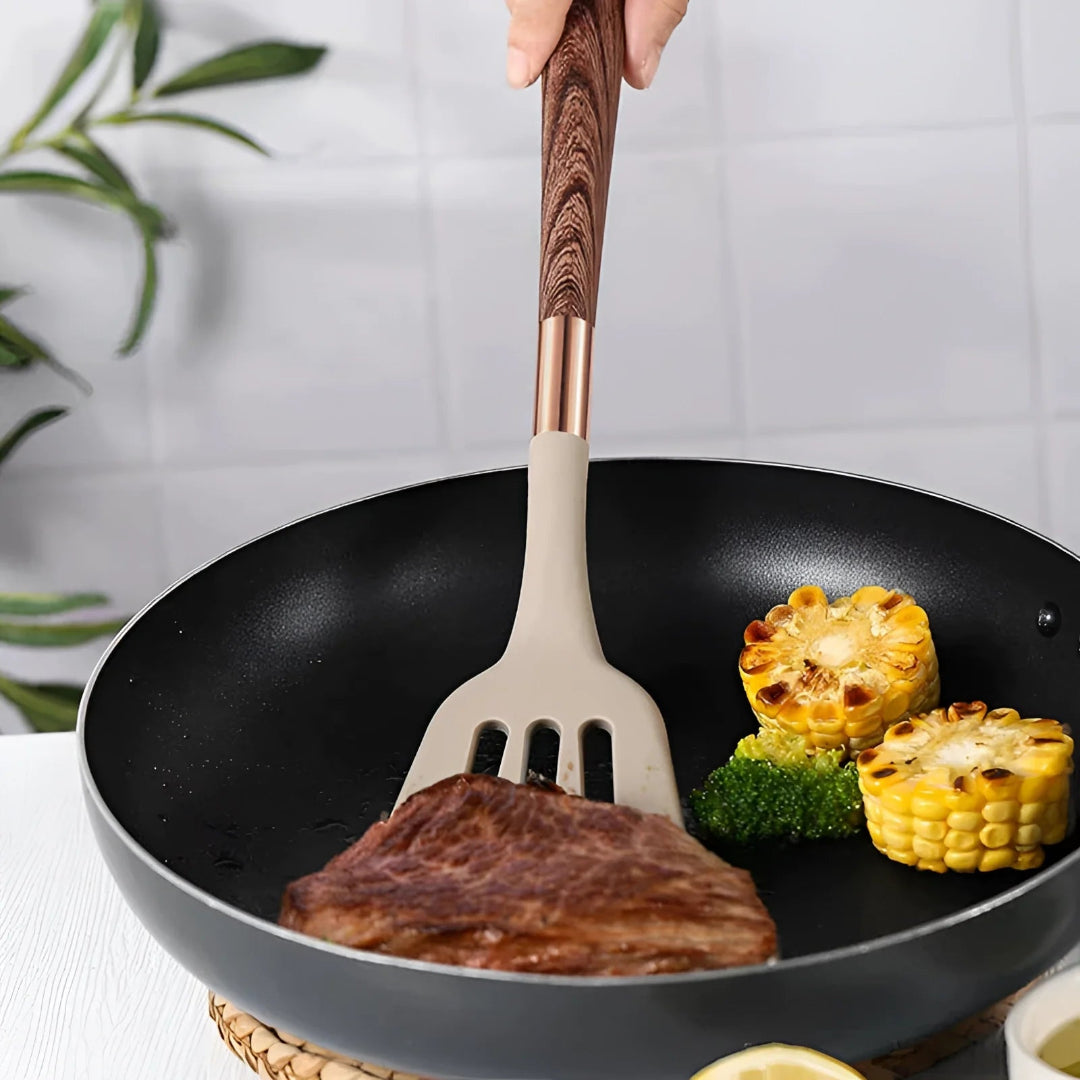 10 Piece Silicone Utensils Set - Non Slip Wooden Handles - Non Stick - Heat Resistant