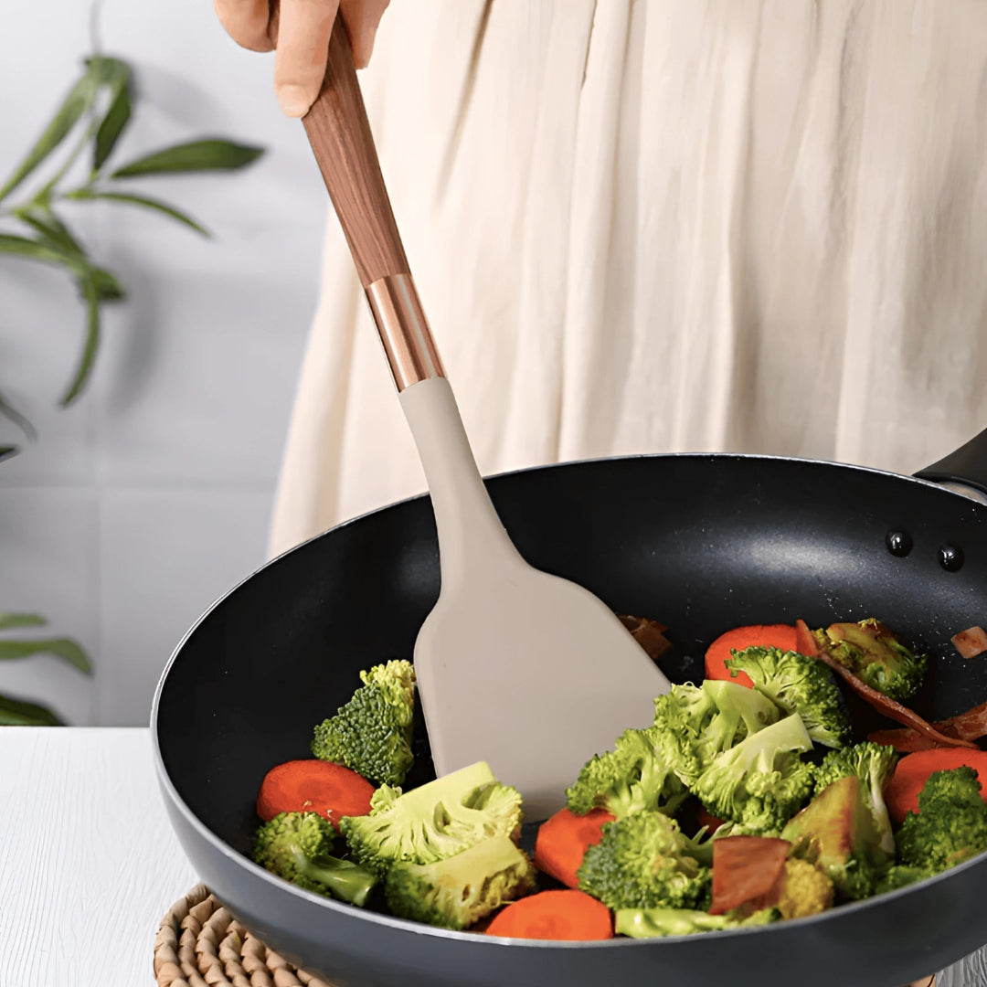 10 Piece Silicone Utensils Set - Non Slip Wooden Handles - Non Stick - Heat Resistant