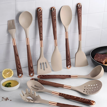 10 Piece Silicone Utensils Set - Non Slip Wooden Handles - Non Stick - Heat Resistant