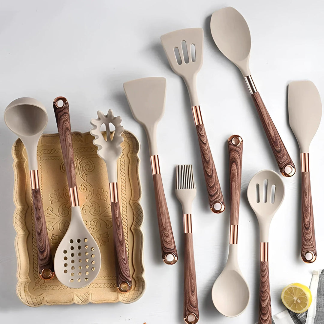 10 Piece Silicone Utensils Set - Non Slip Wooden Handles - Non Stick - Heat Resistant