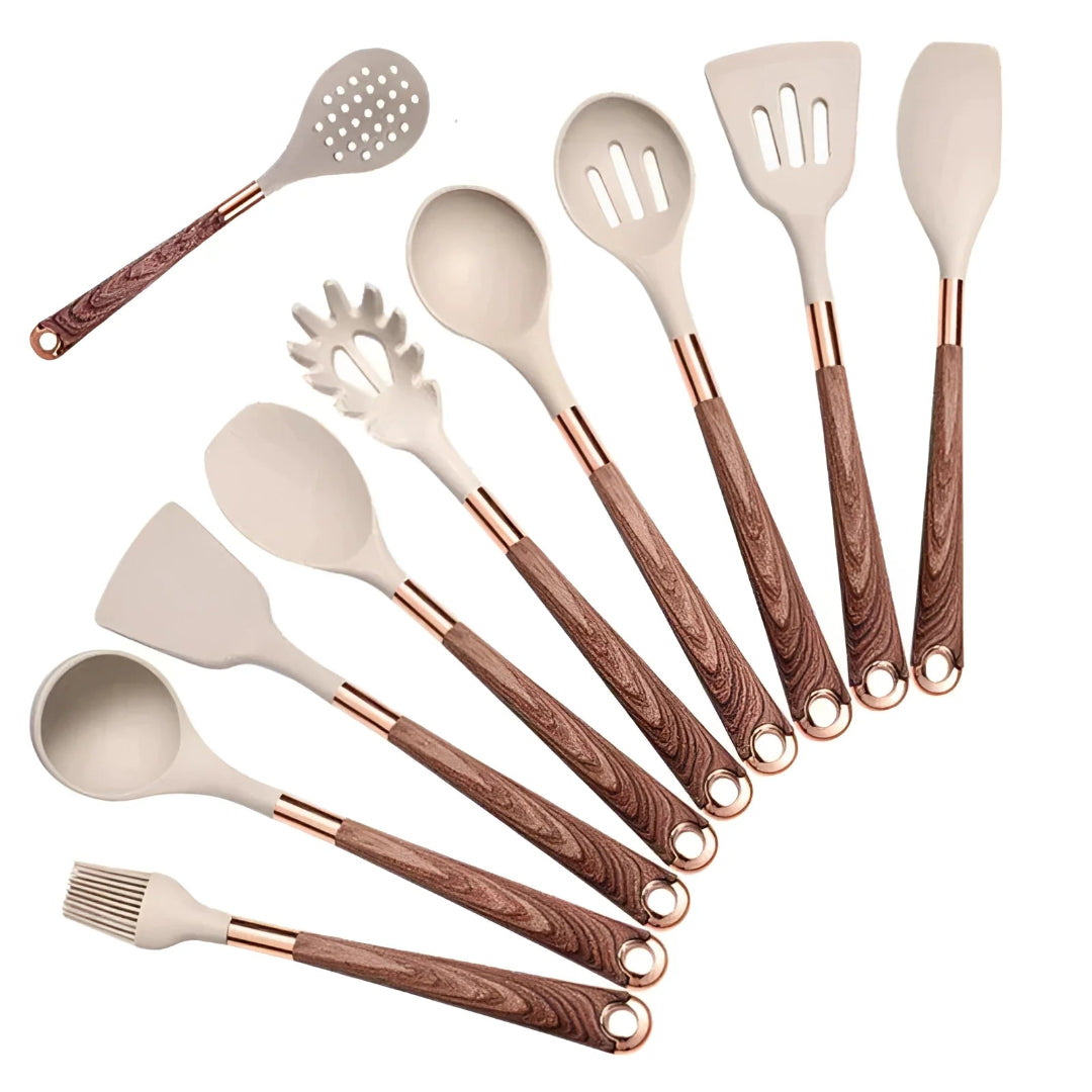 10 Piece Silicone Utensils Set - Non Slip Wooden Handles - Non Stick - Heat Resistant