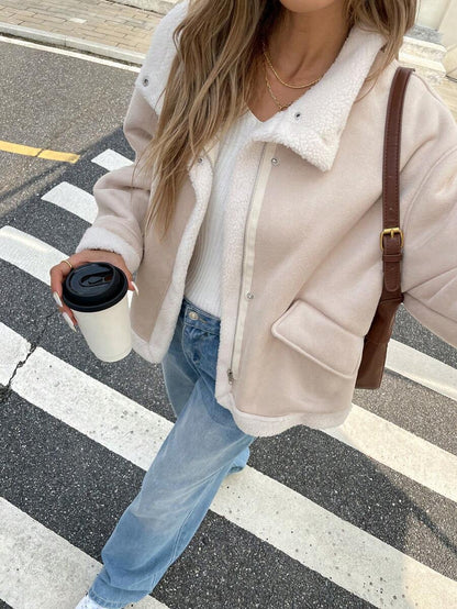 Women Winter Jacket Apricot – Thermal Lined Coat – Loose Fit Funnel Neck Casual