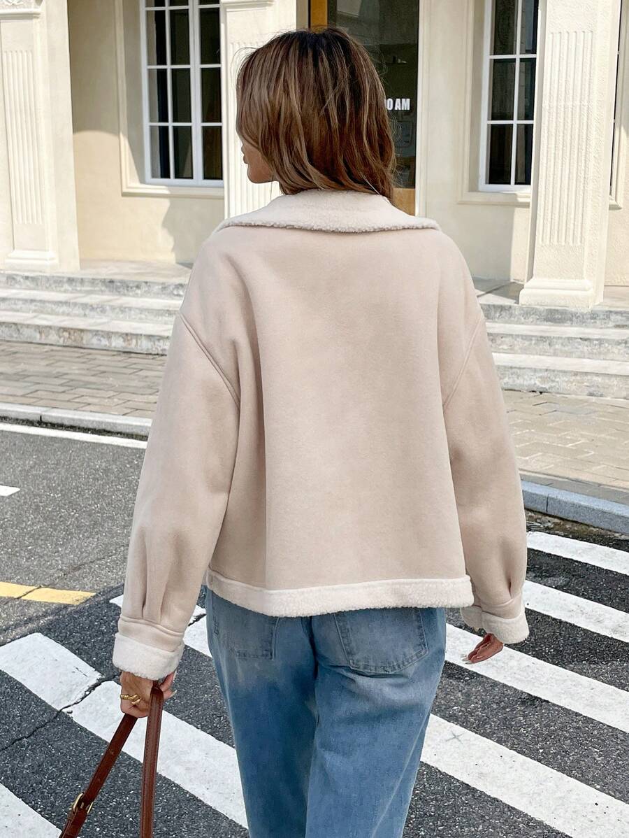 Women Winter Jacket Apricot – Thermal Lined Coat – Loose Fit Funnel Neck Casual