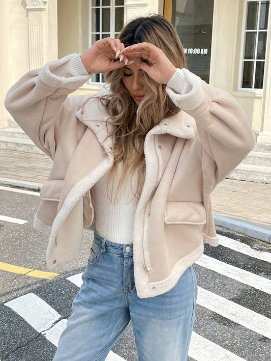 Women Winter Jacket Apricot – Thermal Lined Coat – Loose Fit Funnel Neck Casual