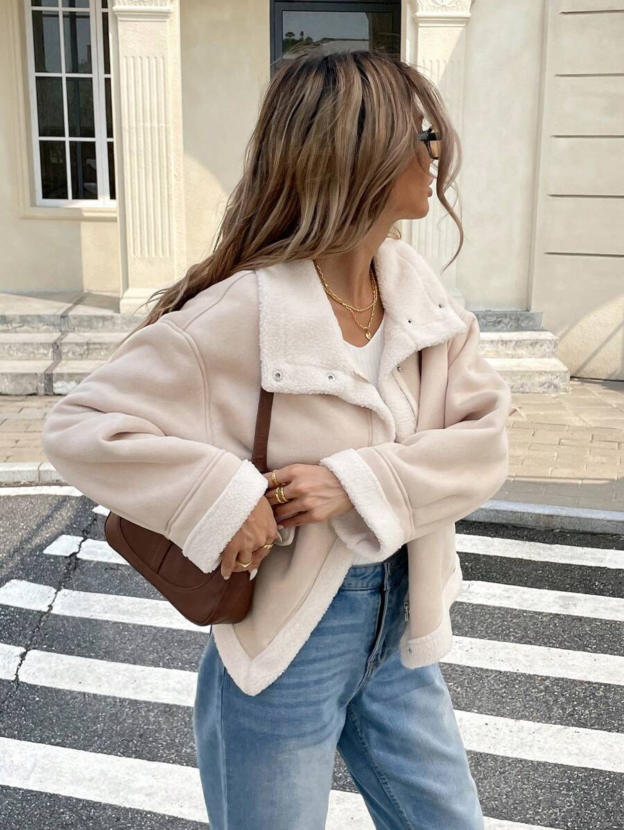Women Winter Jacket Apricot – Thermal Lined Coat – Loose Fit Funnel Neck Casual