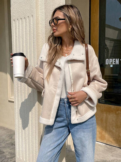 Women Winter Jacket Apricot – Thermal Lined Coat – Loose Fit Funnel Neck Casual