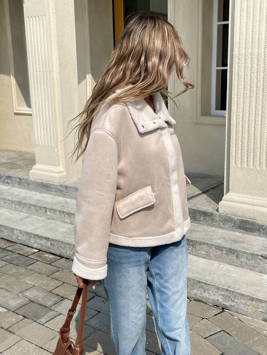 Women Winter Jacket Apricot – Thermal Lined Coat – Loose Fit Funnel Neck Casual