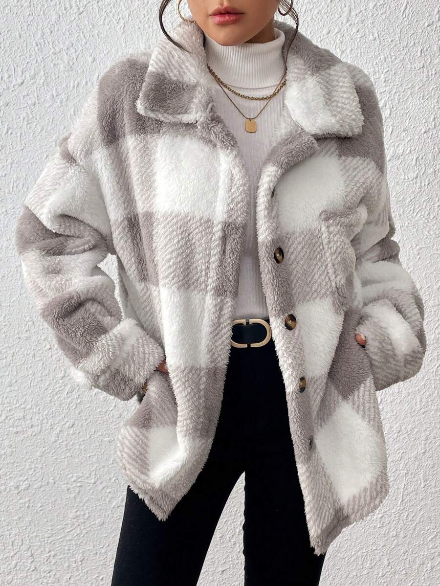 Women Plaid Teddy Jacket – Light Grey Oversized Coat – Fuzzy Button Front
