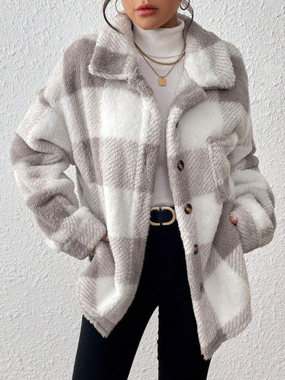 Women Plaid Teddy Jacket – Light Grey Oversized Coat – Fuzzy Button Front