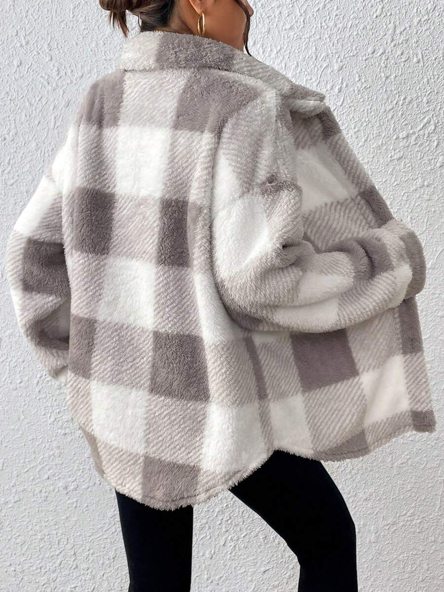 Women Plaid Teddy Jacket – Light Grey Oversized Coat – Fuzzy Button Front