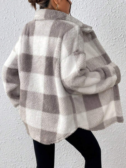 Women Plaid Teddy Jacket – Light Grey Oversized Coat – Fuzzy Button Front
