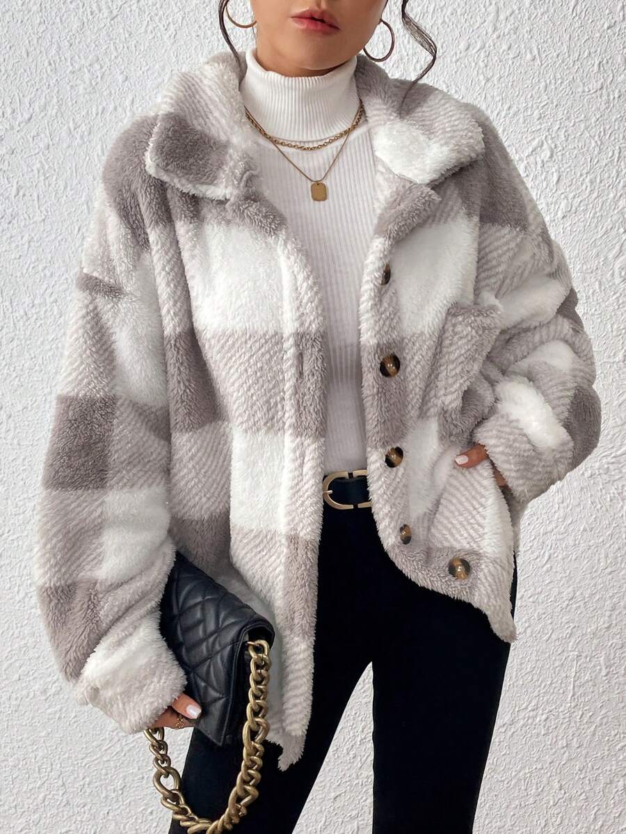 Women Plaid Teddy Jacket – Light Grey Oversized Coat – Fuzzy Button Front
