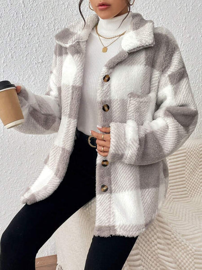 Women Plaid Teddy Jacket – Light Grey Oversized Coat – Fuzzy Button Front