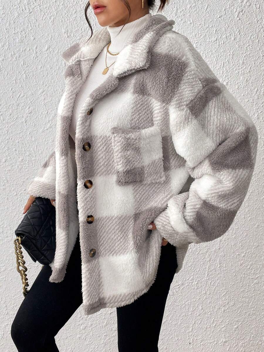 Women Plaid Teddy Jacket – Light Grey Oversized Coat – Fuzzy Button Front