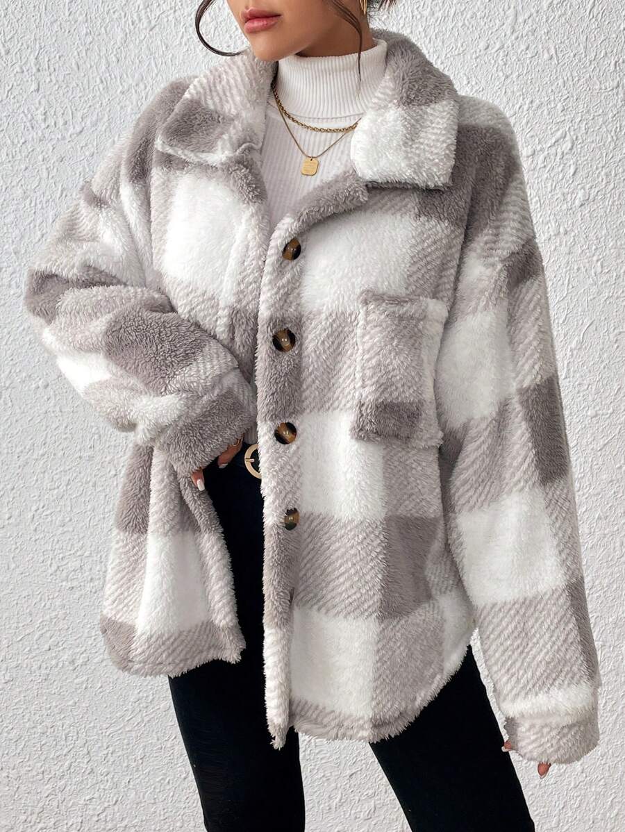 Women Plaid Teddy Jacket – Light Grey Oversized Coat – Fuzzy Button Front