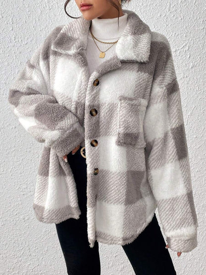 Women Plaid Teddy Jacket – Light Grey Oversized Coat – Fuzzy Button Front