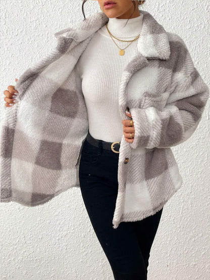Women Plaid Teddy Jacket – Light Grey Oversized Coat – Fuzzy Button Front