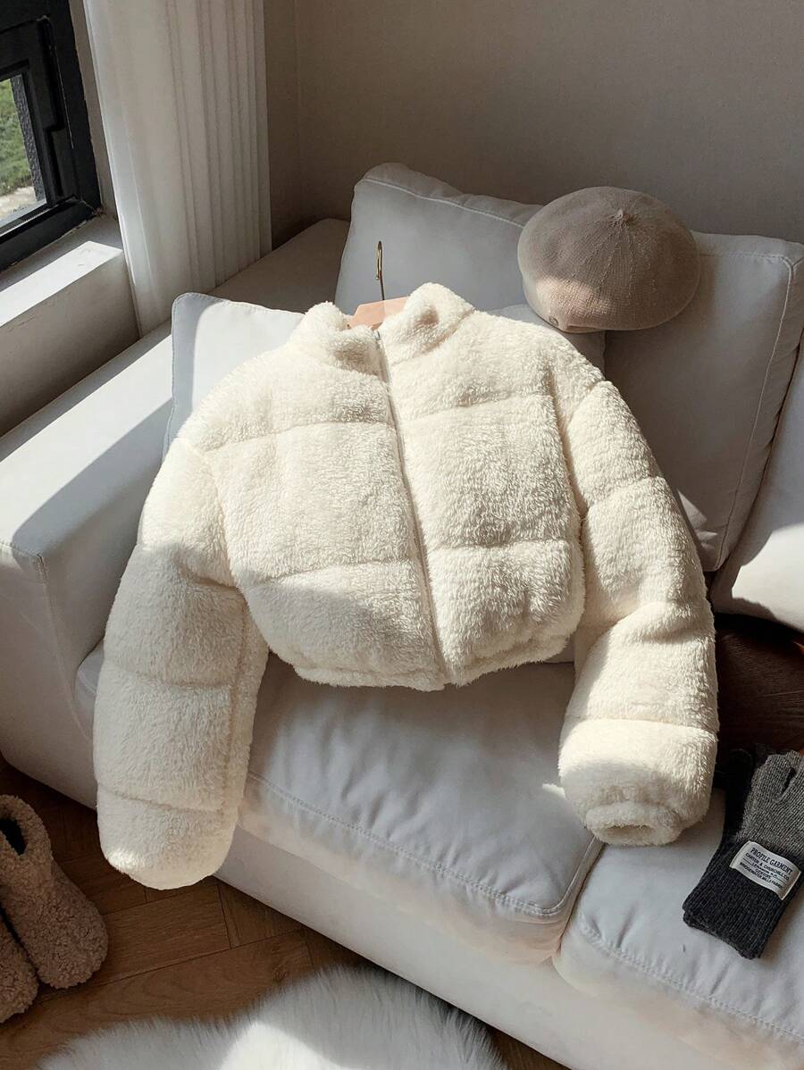Faux Shearling Cropped Puffer Jacket – Beige – Winter Coat