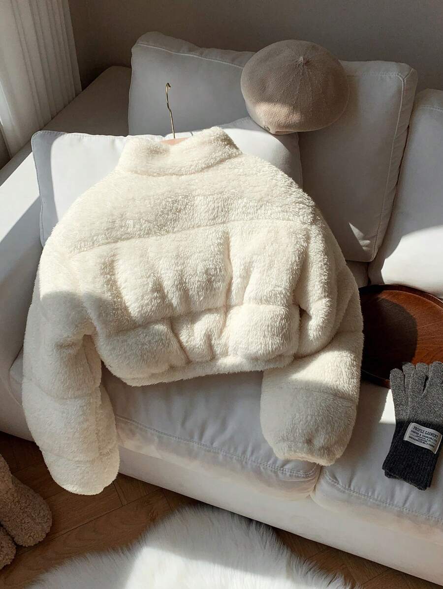 Faux Shearling Cropped Puffer Jacket – Beige – Winter Coat