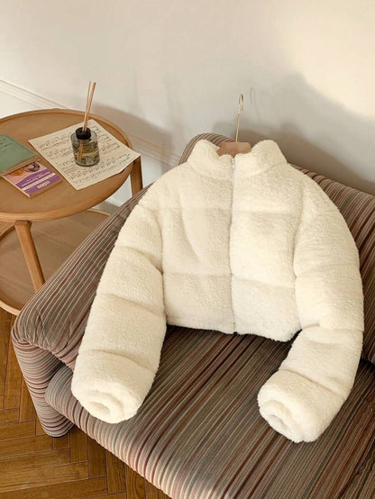 Faux Shearling Cropped Puffer Jacket – Beige – Winter Coat