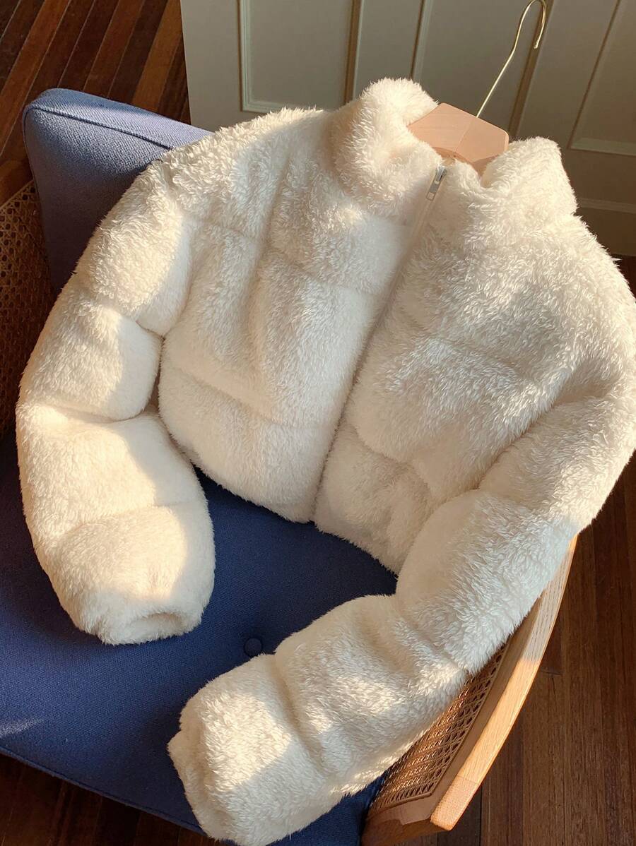 Faux Shearling Cropped Puffer Jacket – Beige – Winter Coat