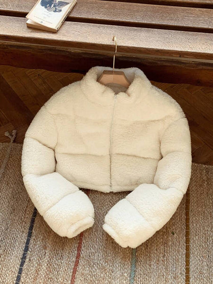 Faux Shearling Cropped Puffer Jacket – Beige – Winter Coat