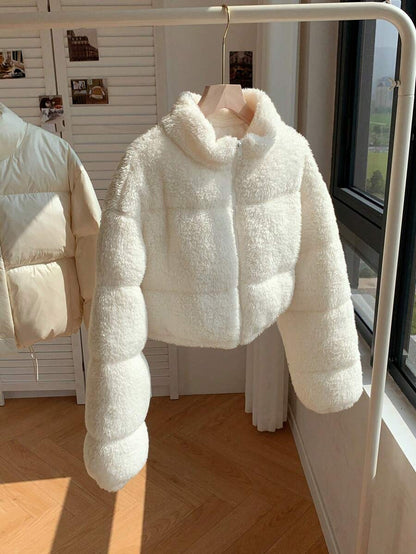 Faux Shearling Cropped Puffer Jacket – Beige – Winter Coat